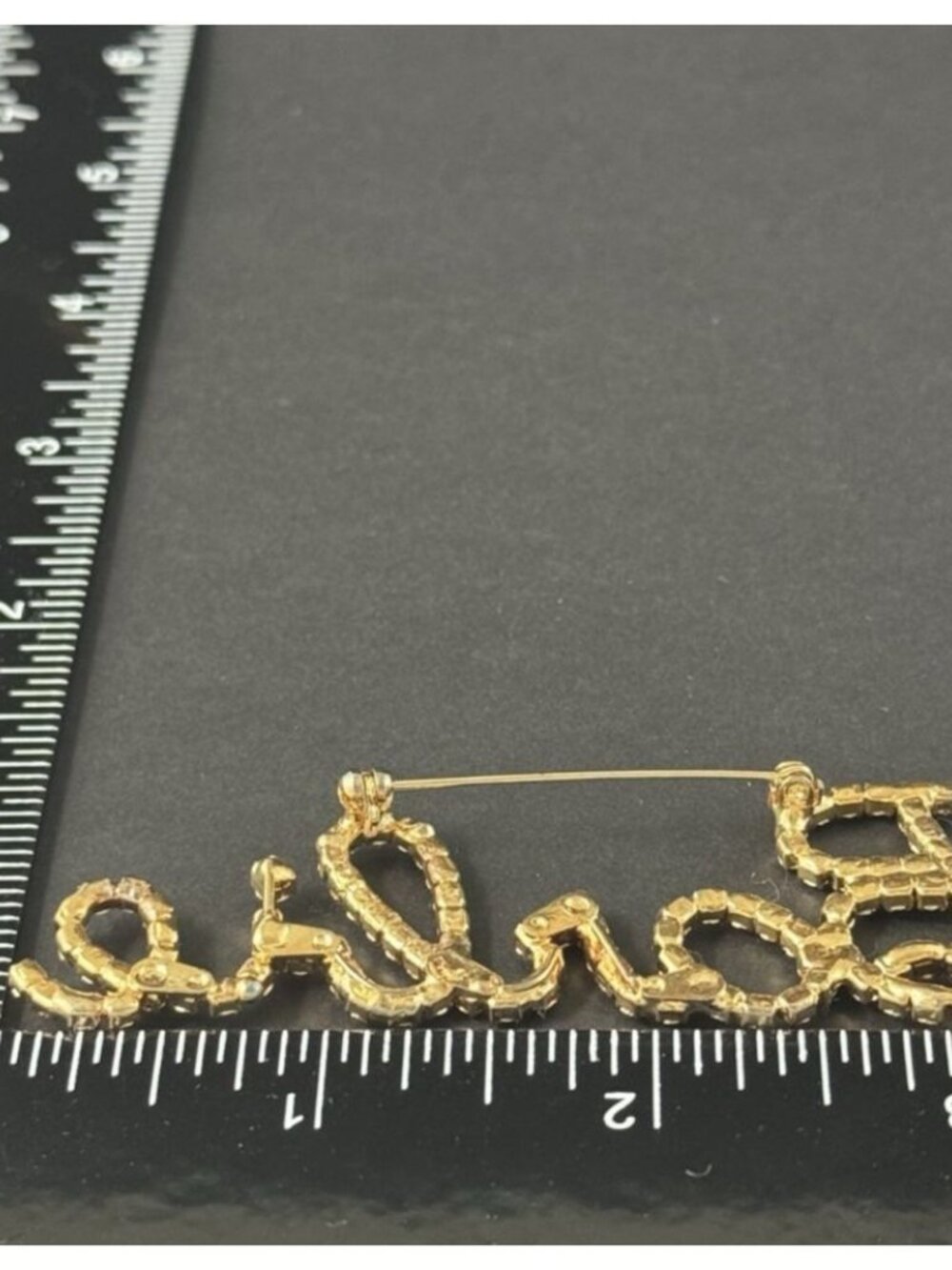 Barbie Script Rhinestone Logo Brooch Pin Pink Crystal Gold-Tone 3-1/4 inches - Picture 3 of 11